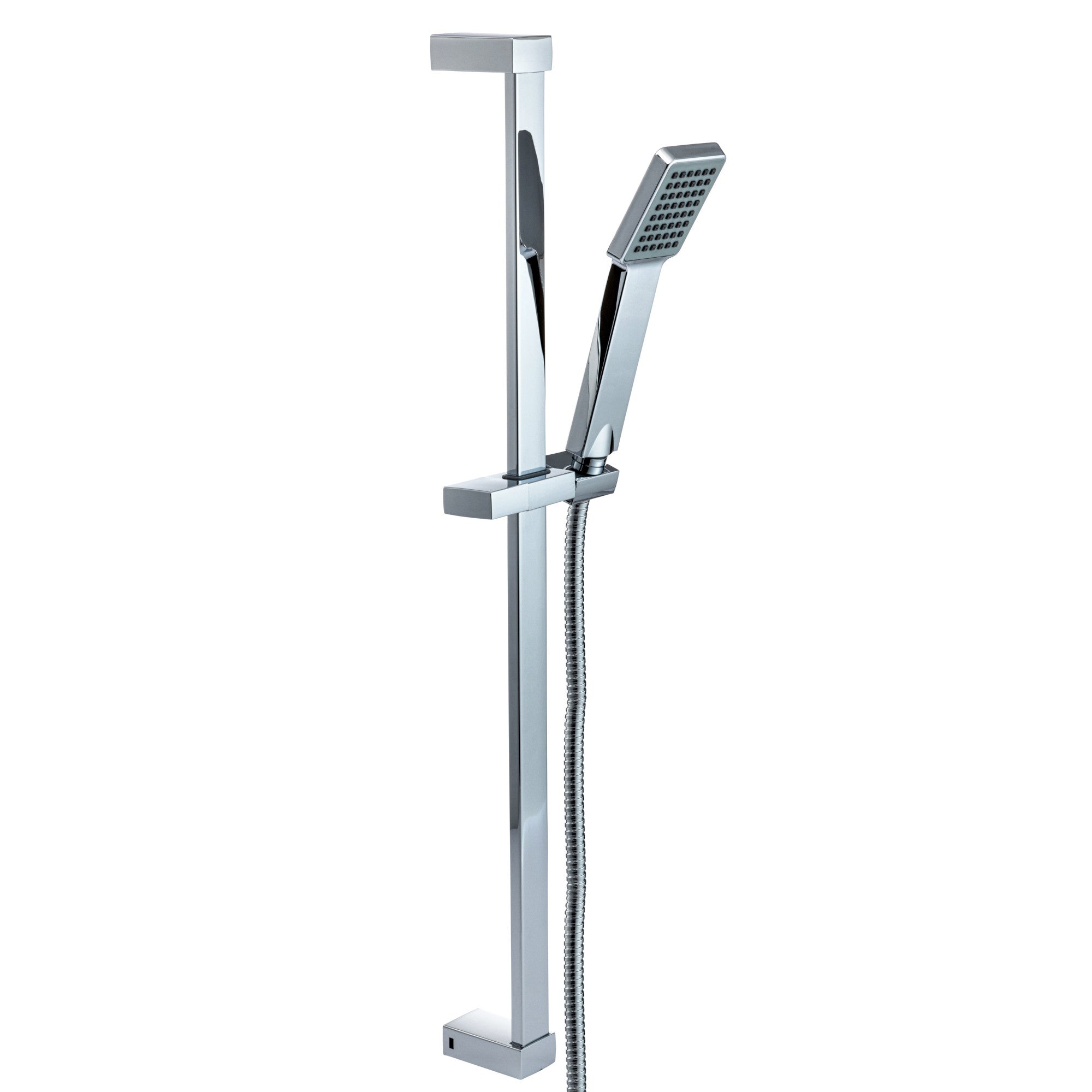 Square contemporary shower slider riser rail kit with handset and hose - chrome